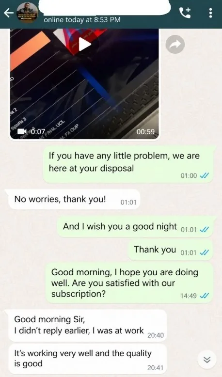 WhatsApp review from a Tvlio customer