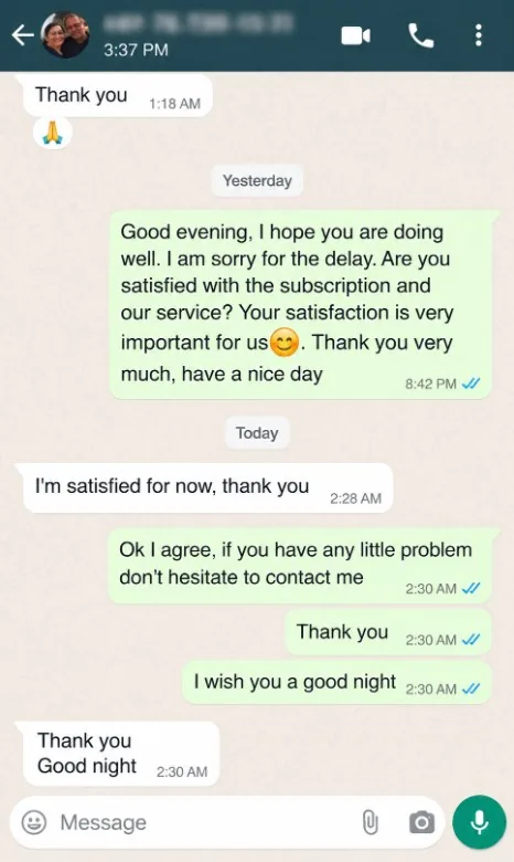 WhatsApp review from a Tvlio customer