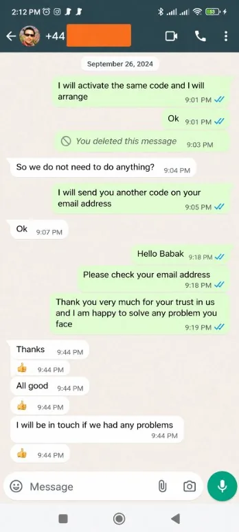 WhatsApp review from a Tvlio customer