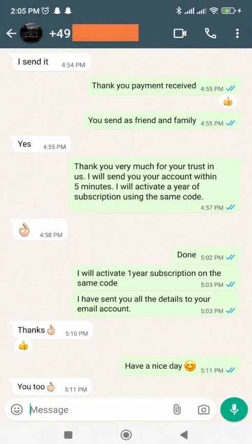 WhatsApp review from a Tvlio customer